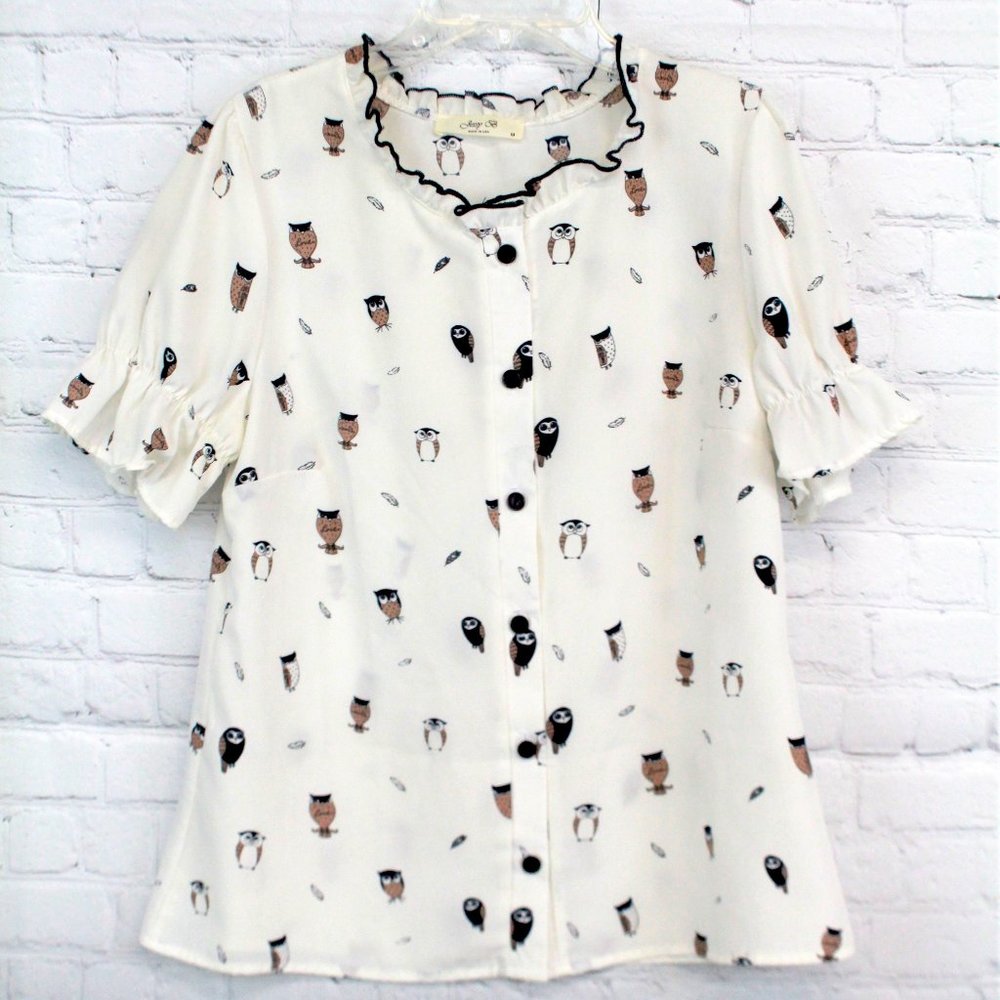 Ruffled Owl Button Down Blouse